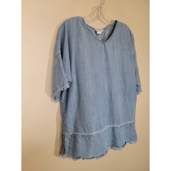 Tru Luxe Jeans Women Chambray Tunic Top Fringe Short Sleeve V-Neck Blue Small - Picture 6 of 9